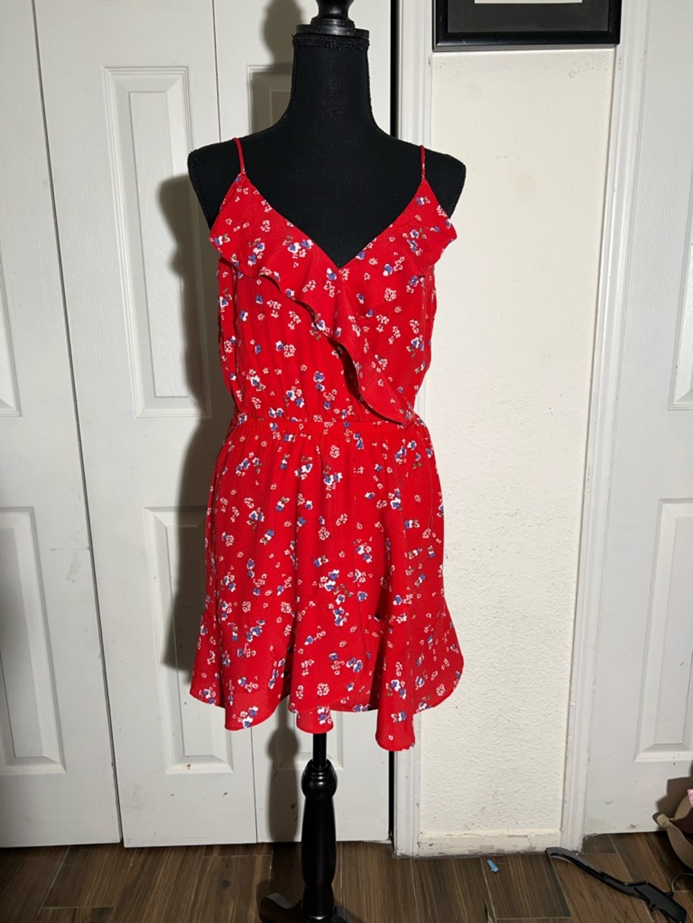 Express Red Floral Midi Dress with Ruffle V-Neck